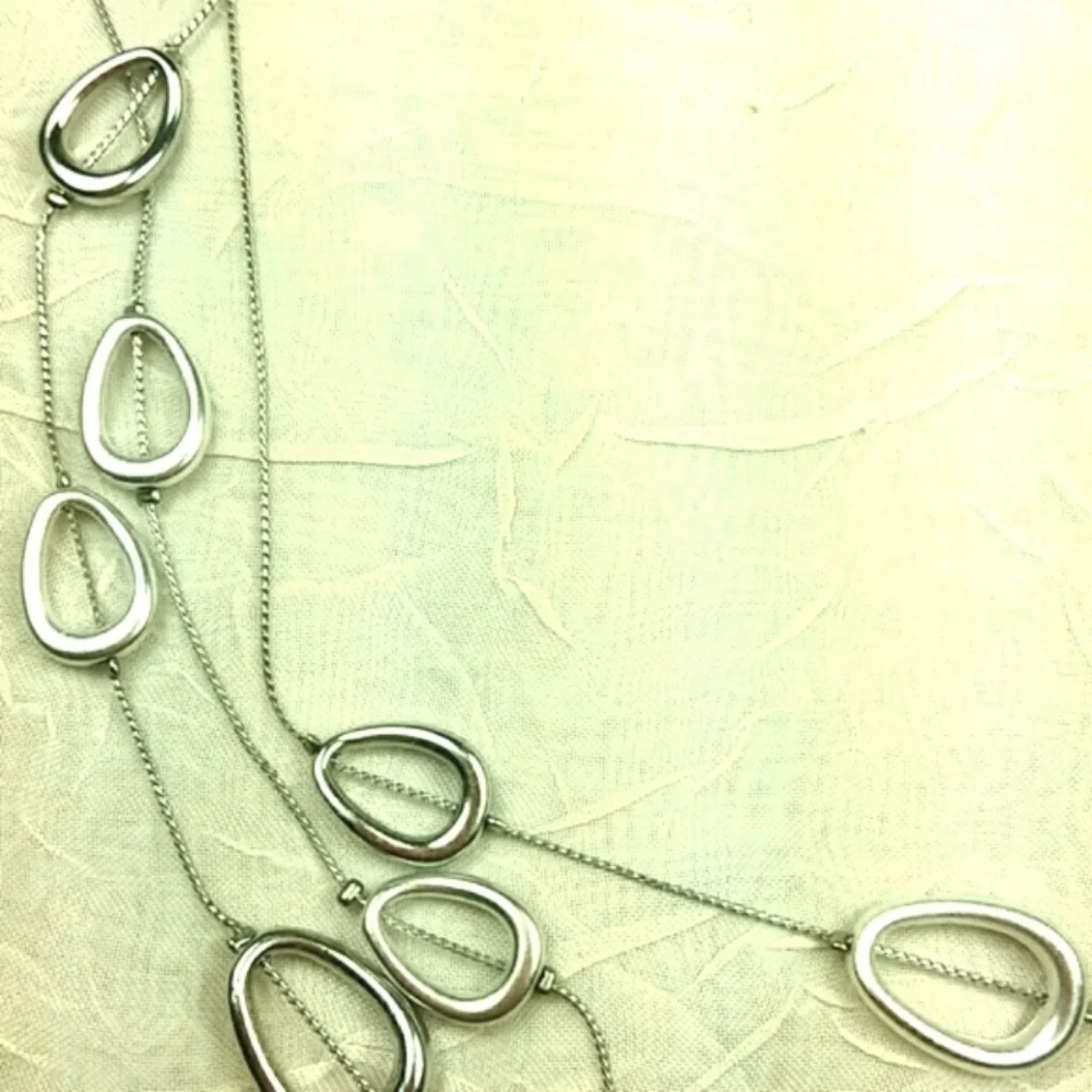 Trifari Necklace triple multi strand silver tone with random odd shaped oval